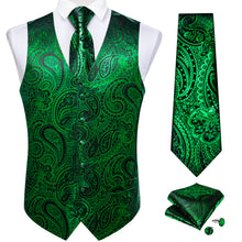 New Green Paisley Jacquard Silk Waistcoat Vest Tie Pocket Square Cufflinks Set