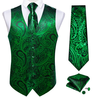 New Green Paisley Jacquard Silk Waistcoat Vest Tie Pocket Square Cufflinks Set