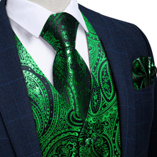 Green Paisley Jacquard Silk Waistcoat Vest Tie Pocket Square Cufflinks Set