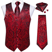 Red Paisley Jacquard Silk Waistcoat Vest Tie Pocket Square Cufflinks Set