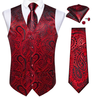 New Red Paisley Jacquard Silk Waistcoat Vest Tie Pocket Square Cufflinks Set