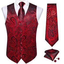 Red Paisley Jacquard Silk Waistcoat Vest Tie Pocket Square Cufflinks Set