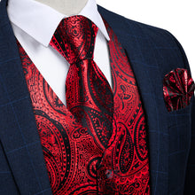 Red Paisley Jacquard Silk Waistcoat Vest Tie Pocket Square Cufflinks Set
