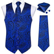 Blue Paisley Jacquard Silk Waistcoat Vest Tie Pocket Square Cufflinks Set