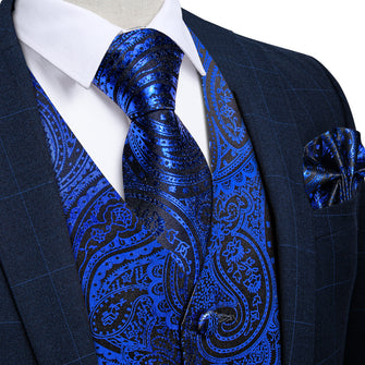 Blue Paisley Jacquard Silk Waistcoat Vest Tie Pocket Square Cufflinks Set