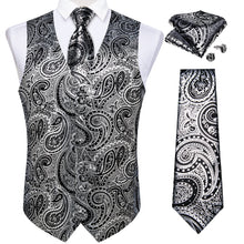 New Silver Black Paisley Jacquard Silk Waistcoat Vest Tie Pocket Square Cufflinks Set