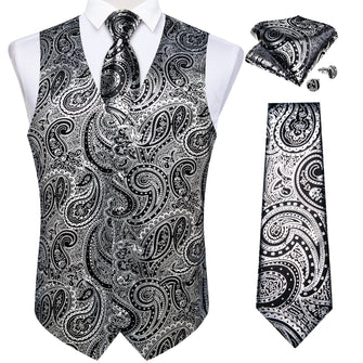 New Silver Black Paisley Jacquard Silk Waistcoat Vest Tie Pocket Square Cufflinks Set