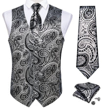 New Silver Black Paisley Jacquard Silk Waistcoat Vest Tie Pocket Square Cufflinks Set