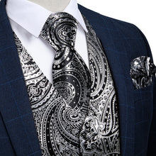 Silver Black Paisley Jacquard Silk Waistcoat Vest Tie Pocket Square Cufflinks Set
