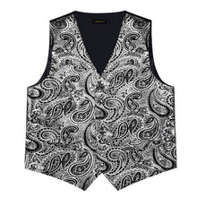 Silver Black Paisley Jacquard Silk Waistcoat Vest Tie Pocket Square Cufflinks Set