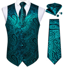 New Teal Paisley Jacquard Silk Waistcoat Vest Tie Pocket Square Cufflinks Set