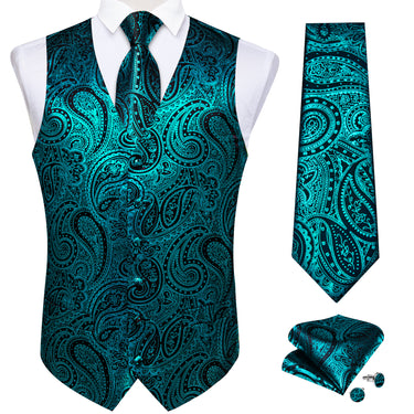 New Teal Paisley Jacquard Silk Waistcoat Vest Tie Pocket Square Cufflinks Set