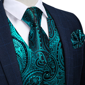 Teal Paisley Jacquard Silk Waistcoat Vest Tie Pocket Square Cufflinks Set