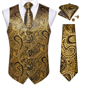 New Golden Paisley Jacquard Silk Waistcoat Vest Tie Pocket Square Cufflinks Set
