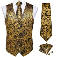 Golden Paisley Jacquard Silk Waistcoat Vest Tie Pocket Square Cufflinks Set