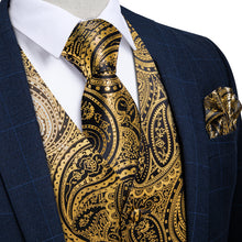 New Golden Paisley Jacquard Silk Waistcoat Vest Tie Pocket Square Cufflinks Set