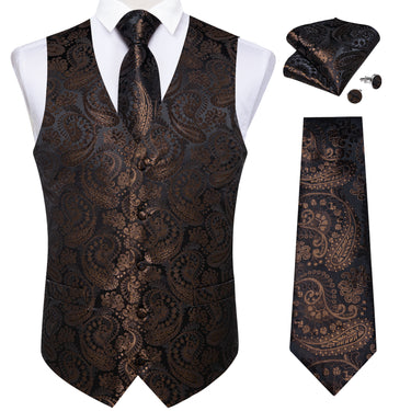 New Black Golden Floral Jacquard Silk Waistcoat Vest Tie Pocket Square Cufflinks Set