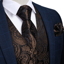 New Black Golden Floral Jacquard Silk Waistcoat Vest Tie Pocket Square Cufflinks Set