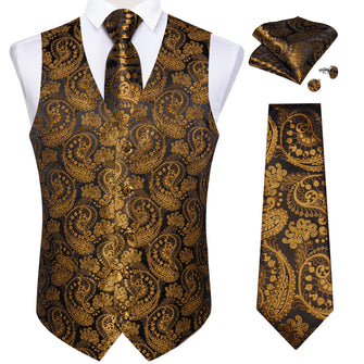 New Golden Floral Jacquard Silk Waistcoat Vest Tie Pocket Square Cufflinks Set