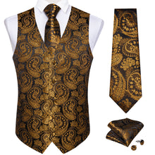 New Golden Floral Jacquard Silk Waistcoat Vest Tie Pocket Square Cufflinks Set