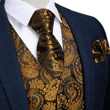 New Golden Floral Jacquard Silk Waistcoat Vest Tie Pocket Square Cufflinks Set