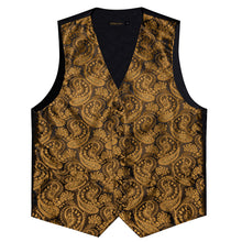 New Golden Floral Jacquard Silk Waistcoat Vest Tie Pocket Square Cufflinks Set