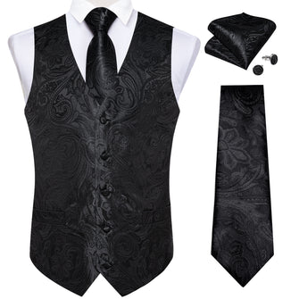 New Black Floral Jacquard Silk Waistcoat Vest Tie Pocket Square Cufflinks Set