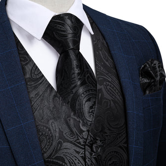 Black Floral Jacquard Silk Waistcoat Vest Tie Pocket Square Cufflinks Set