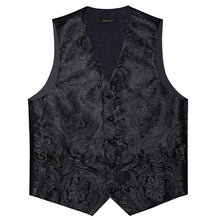 Black Floral Jacquard Silk Waistcoat Vest Tie Pocket Square Cufflinks Set