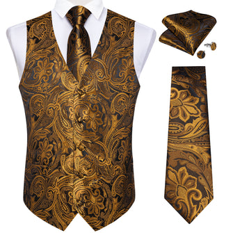 New Golden Floral Jacquard Silk Waistcoat Vest Tie Pocket Square Cufflinks Set
