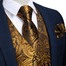 New Golden Floral Jacquard Silk Waistcoat Vest Tie Pocket Square Cufflinks Set