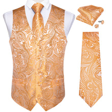 New Orange Floral Jacquard Silk Waistcoat Vest Tie Pocket Square Cufflinks Set