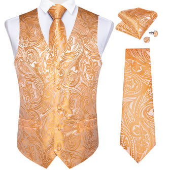 New Orange Floral Jacquard Silk Waistcoat Vest Tie Pocket Square Cufflinks Set