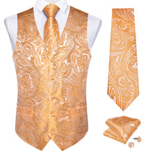 Orange Floral Jacquard Silk Waistcoat Vest Tie Pocket Square Cufflinks Set
