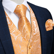 New Orange Floral Jacquard Silk Waistcoat Vest Tie Pocket Square Cufflinks Set