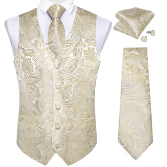 New Rose Golden Floral Jacquard Silk Waistcoat Vest Tie Pocket Square Cufflinks Set