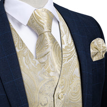 New Rose Golden Floral Jacquard Silk Waistcoat Vest Tie Pocket Square Cufflinks Set