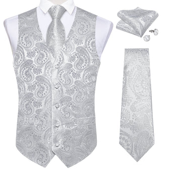 Men's Classic Silver Floral Jacquard Silk Waistcoat Vest Tie Handkerchief Cufflinks Suit Set