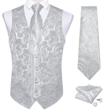 Men's Classic Silver Floral Jacquard Silk Waistcoat Vest Tie Handkerchief Cufflinks Suit Set
