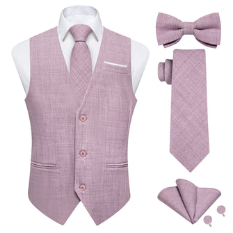 Pink Solid Jacquard V Neck Vest Neck Bow Tie Handkerchief Cufflinks Set