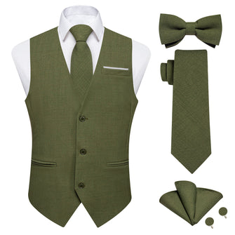Green Solid Jacquard V Neck Vest Neck Bow Tie Handkerchief Cufflinks Set