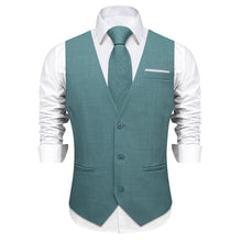 Lake Green Solid Jacquard V Neck Vest Neck Bow Tie Handkerchief Cufflinks Set