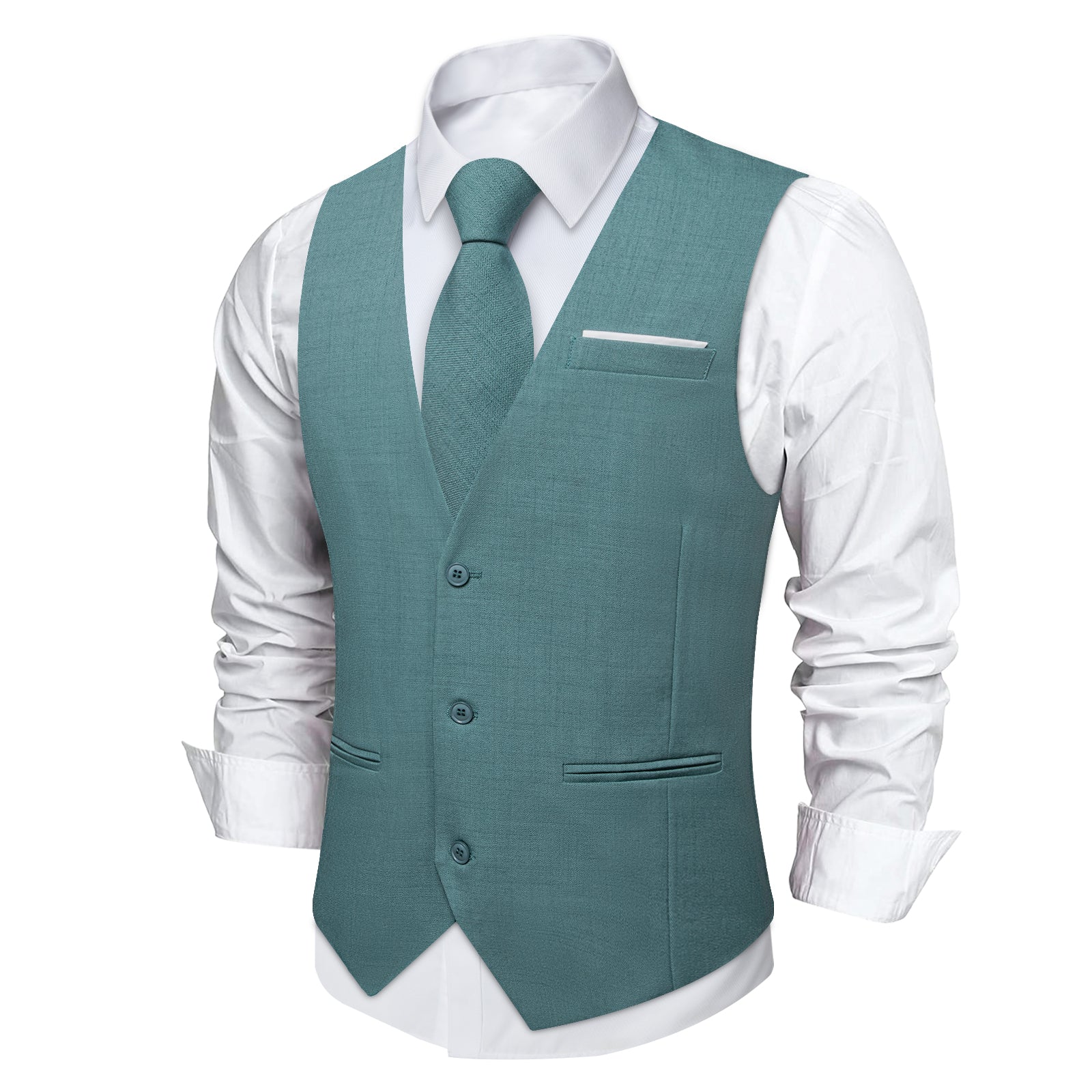 Lake Green Solid Jacquard V Neck Vest Neck Bow Tie Handkerchief Cufflinks Set