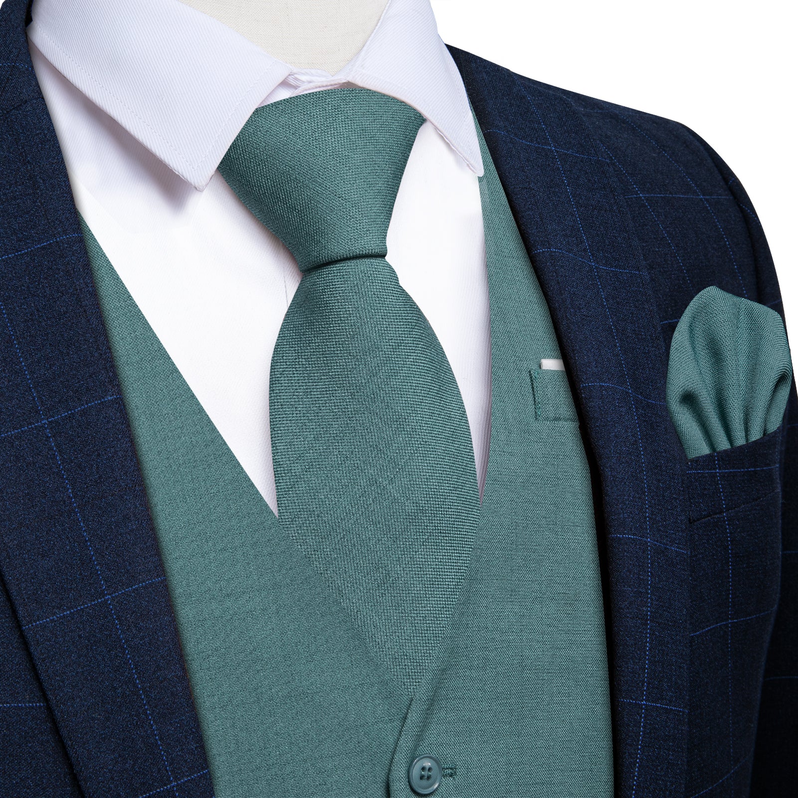 Lake Green Solid Jacquard V Neck Vest Neck Bow Tie Handkerchief Cufflinks Set