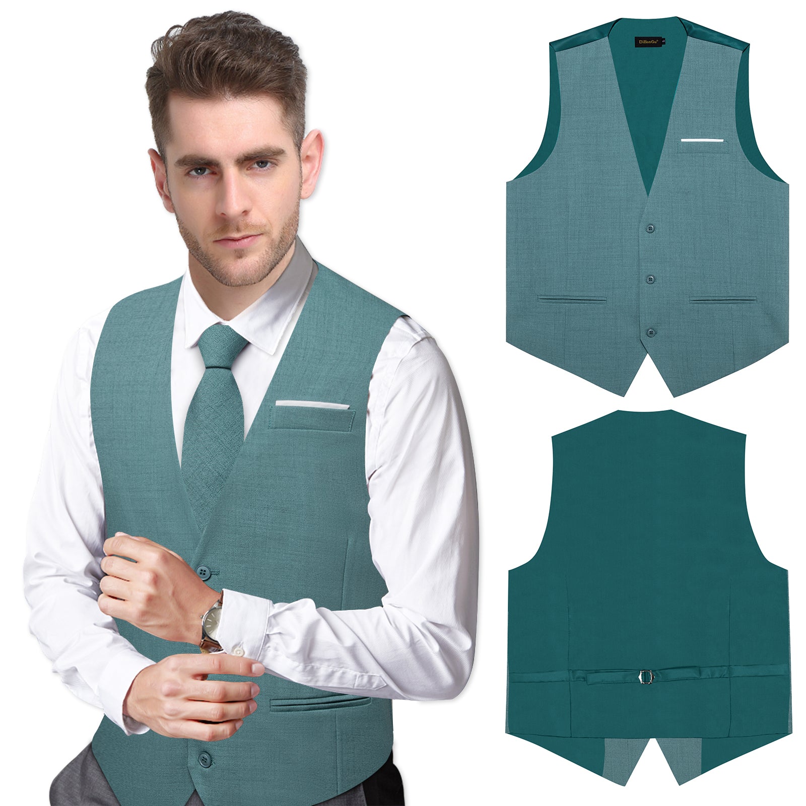 Lake Green Solid Jacquard V Neck Vest Neck Bow Tie Handkerchief Cufflinks Set