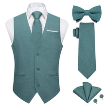 Lake Green Solid Jacquard V Neck Vest Neck Bow Tie Handkerchief Cufflinks Set