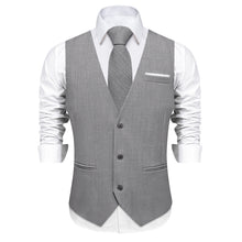 Grey Solid Jacquard V Neck Vest Neck Bow Tie Handkerchief Cufflinks Set