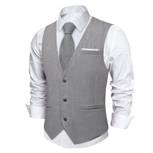 Grey Solid Jacquard V Neck Vest Neck Bow Tie Handkerchief Cufflinks Set