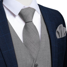 Grey Solid Jacquard V Neck Vest Neck Bow Tie Handkerchief Cufflinks Set