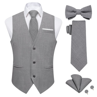 Grey Solid Jacquard V Neck Vest Neck Bow Tie Handkerchief Cufflinks Set